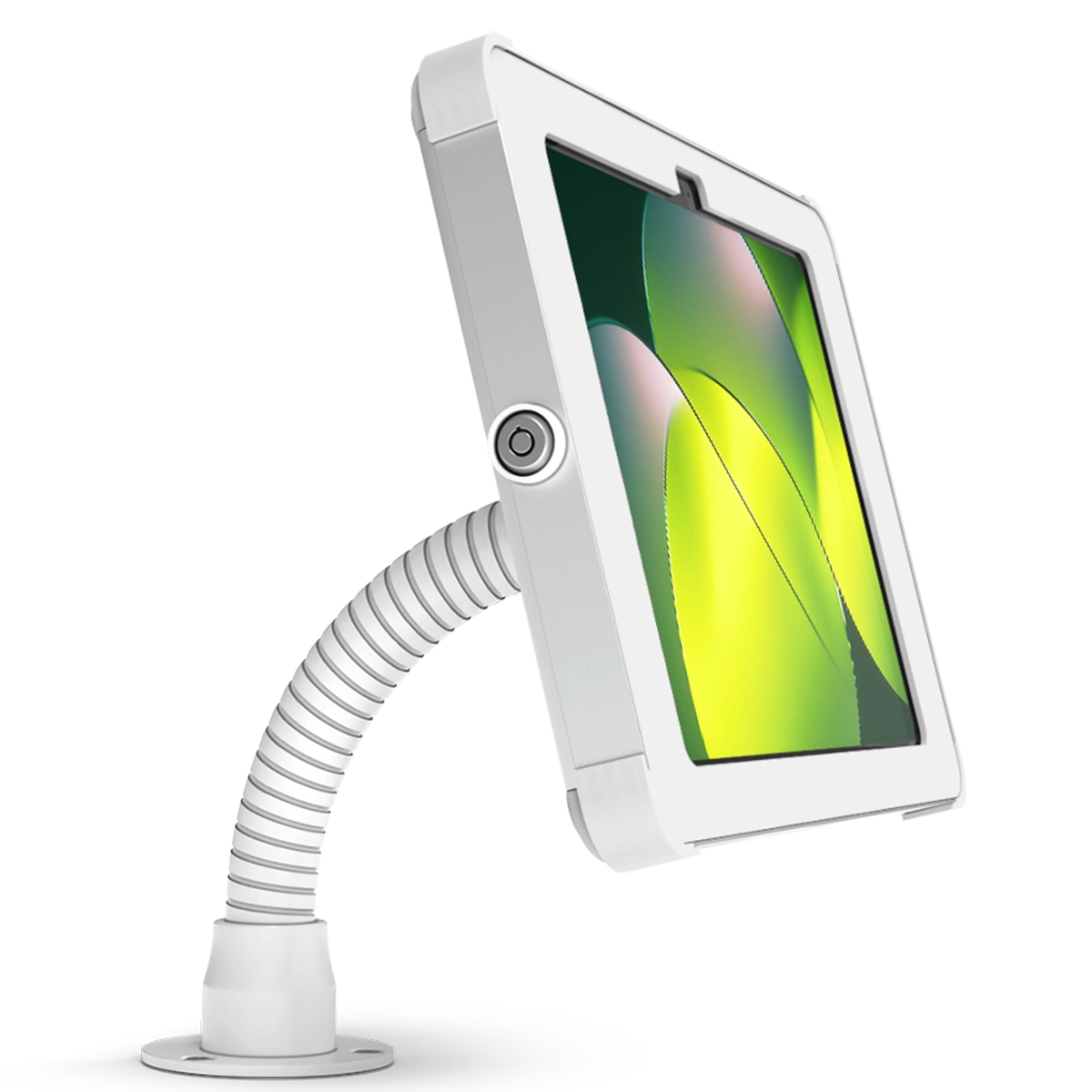 A white tablet on a flexible gooseneck stand.