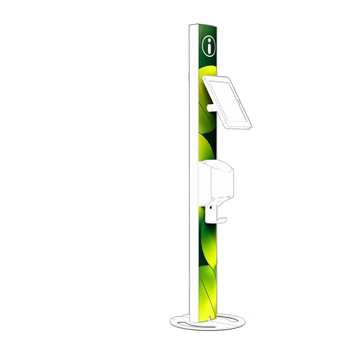 White Tablet Kiosk with Green Leaf Graphics and Accessory Mount | Sprocket