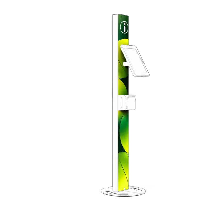 Line-Art.E15-Front-White | Information Kiosk with Tablet and Dispenser