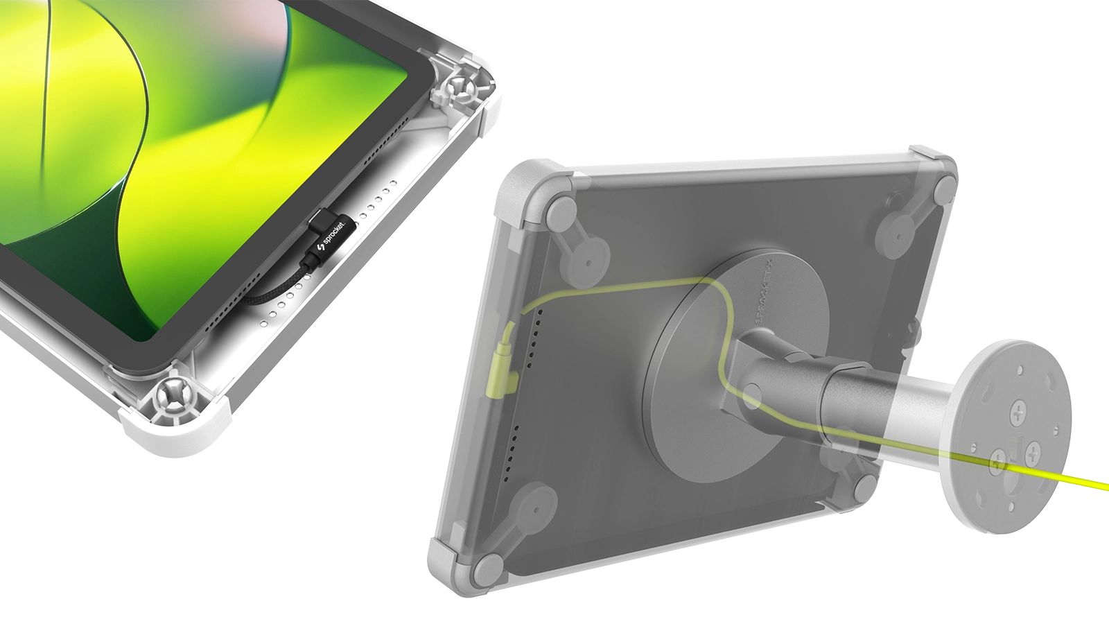 Secured Tablet Mounting System with Charging Cable | Sprocket Cable Wall Comp 1 W